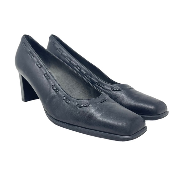 Stuart Weitzman Shoes Womens‎ 8AAA Narrow Black Leather Pumps Square Toe Heels - Picture 1 of 15